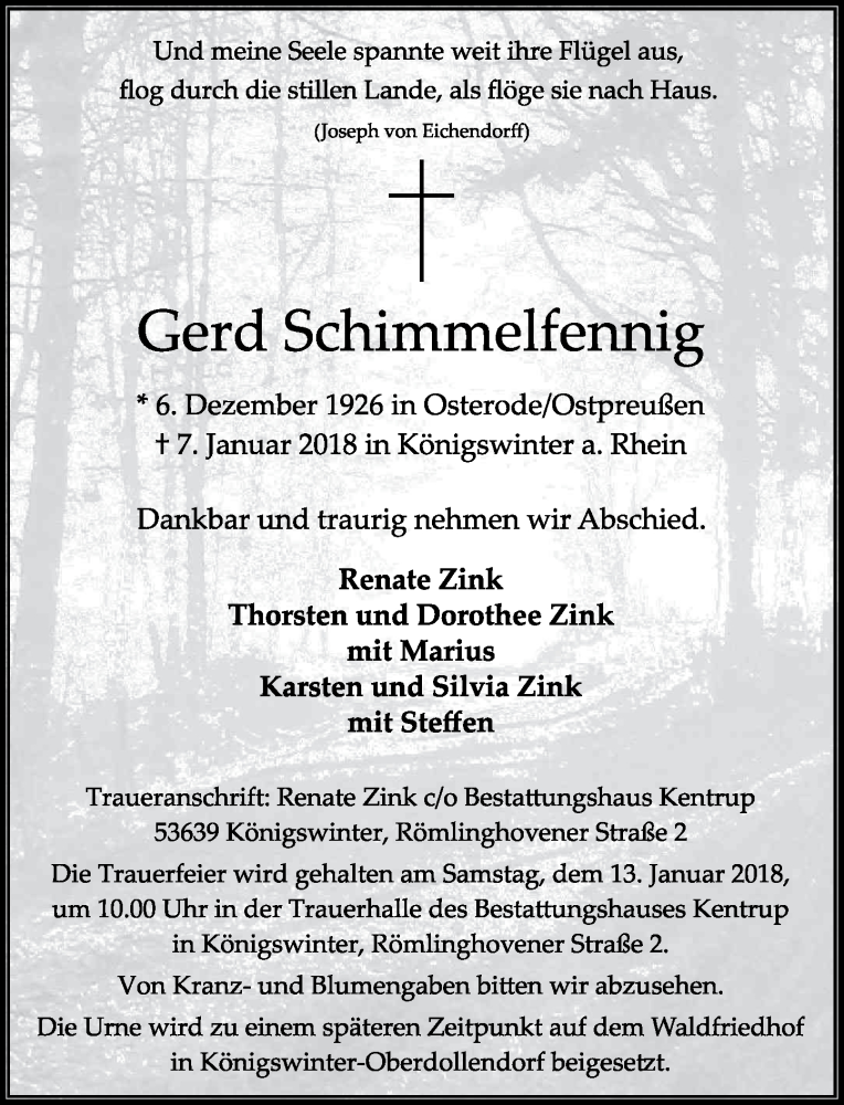  Traueranzeige für Gerd Schimmelfennig vom 10.01.2018 aus General-Anzeiger Bonn