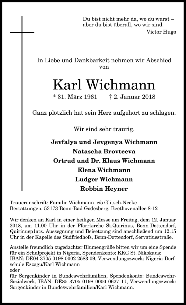  Traueranzeige für Karl Wichmann vom 06.01.2018 aus General-Anzeiger Bonn