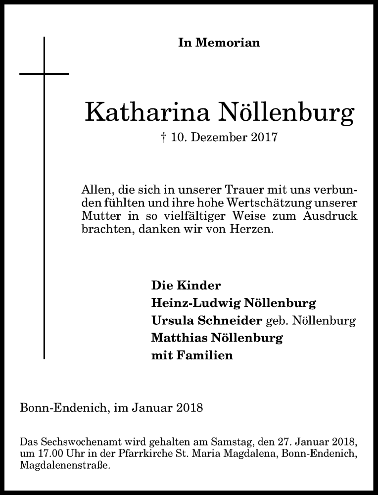  Traueranzeige für Katharina Nöllenburg vom 20.01.2018 aus General-Anzeiger Bonn