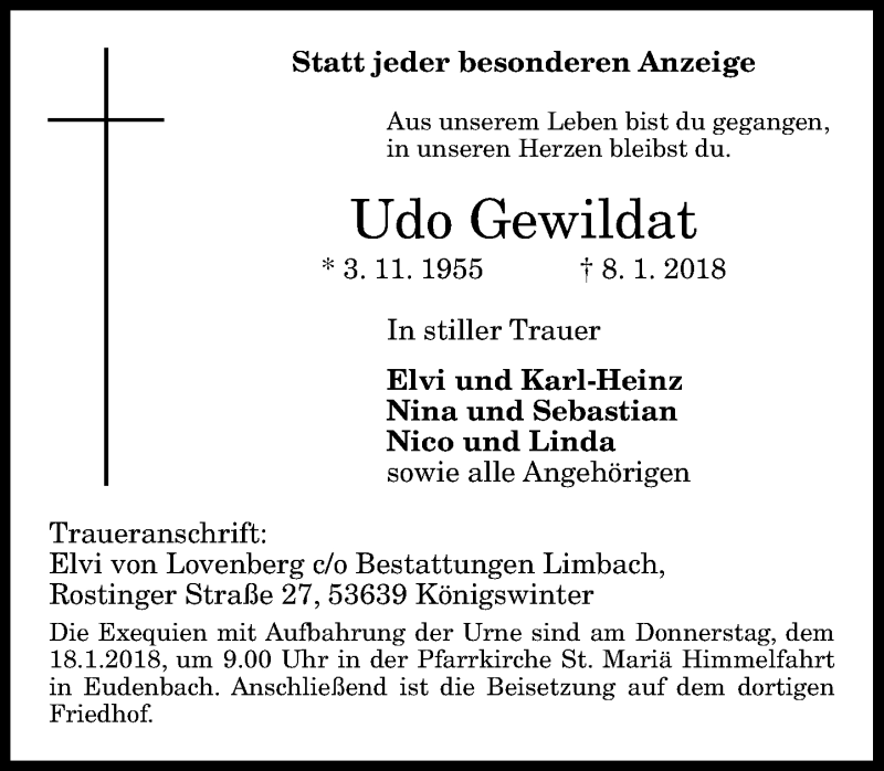  Traueranzeige für Udo Gewildat vom 13.01.2018 aus General-Anzeiger Bonn