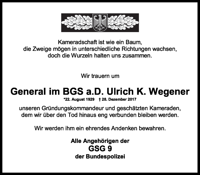  Traueranzeige für Ulrich K. Wegener vom 04.01.2018 aus General-Anzeiger Bonn