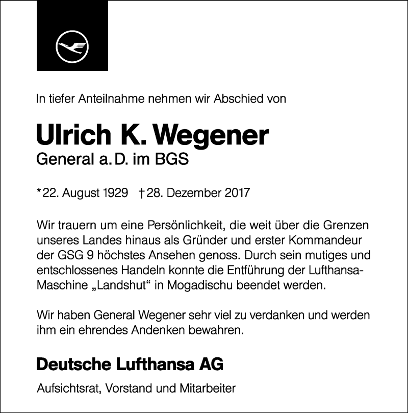  Traueranzeige für Ulrich K. Wegener vom 13.01.2018 aus General-Anzeiger Bonn