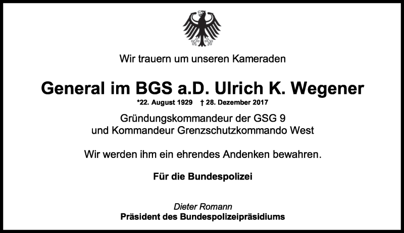  Traueranzeige für Ulrich K. Wegener vom 04.01.2018 aus General-Anzeiger Bonn