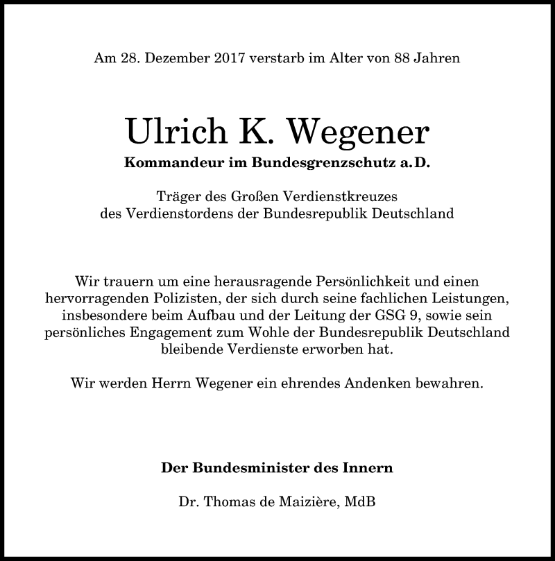 Traueranzeige für Ulrich K. Wegener vom 06.01.2018 aus General-Anzeiger Bonn