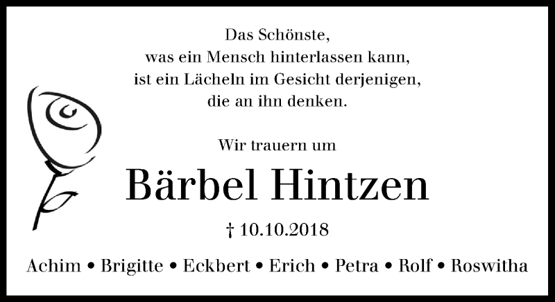  Traueranzeige für Bärbel Hintzen vom 20.10.2018 aus General-Anzeiger Bonn