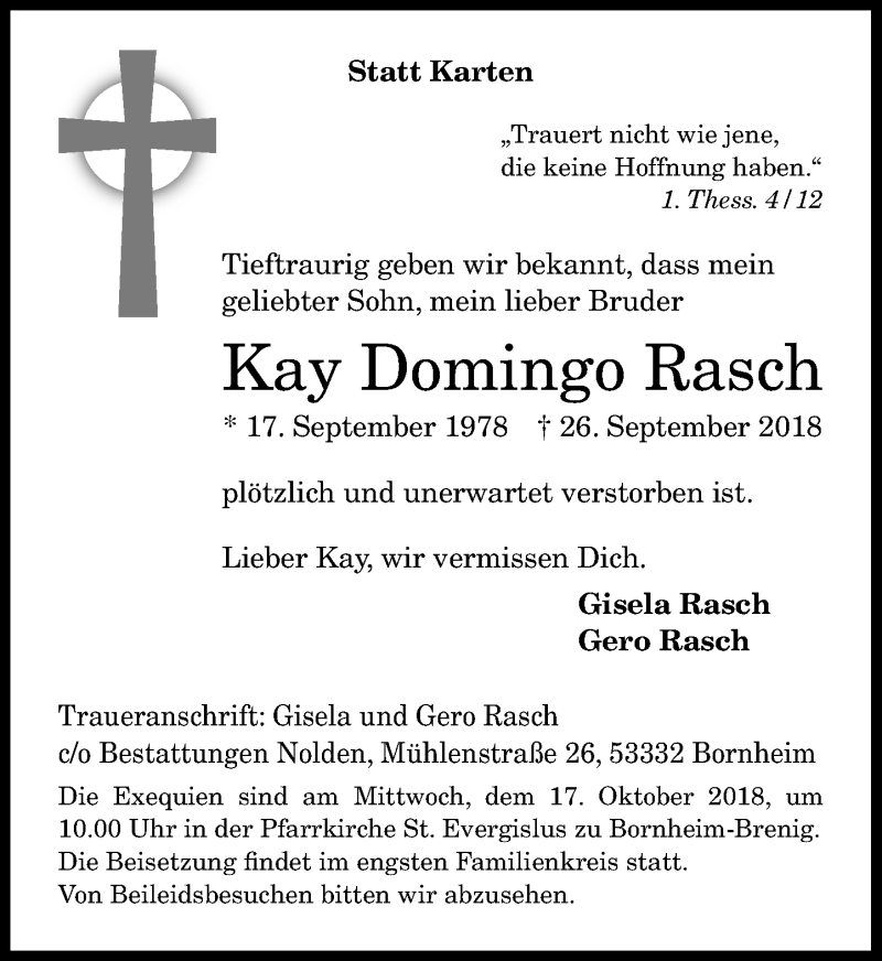  Traueranzeige für Kay Domingo Rasch vom 06.10.2018 aus General-Anzeiger Bonn