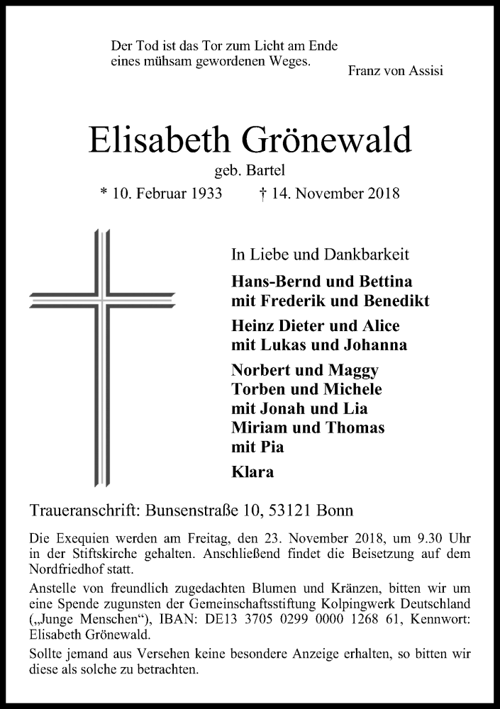 Traueranzeige für Elisabeth Grönewald vom 17.11.2018 aus General-Anzeiger Bonn