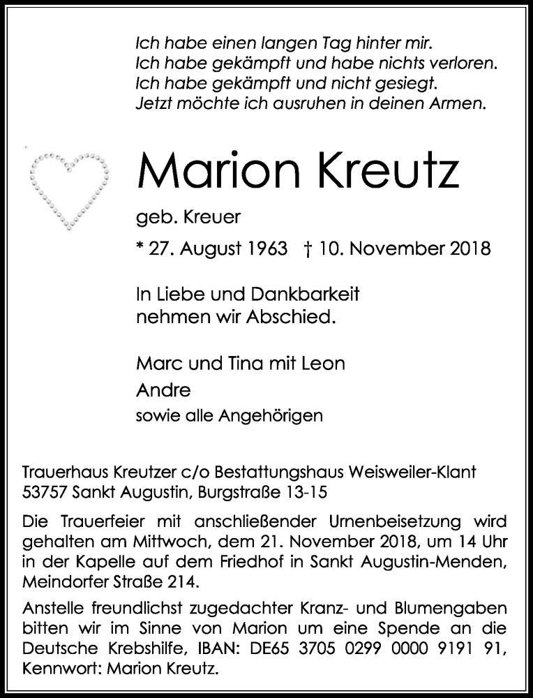  Traueranzeige für Marion Kreutz vom 17.11.2018 aus General-Anzeiger Bonn