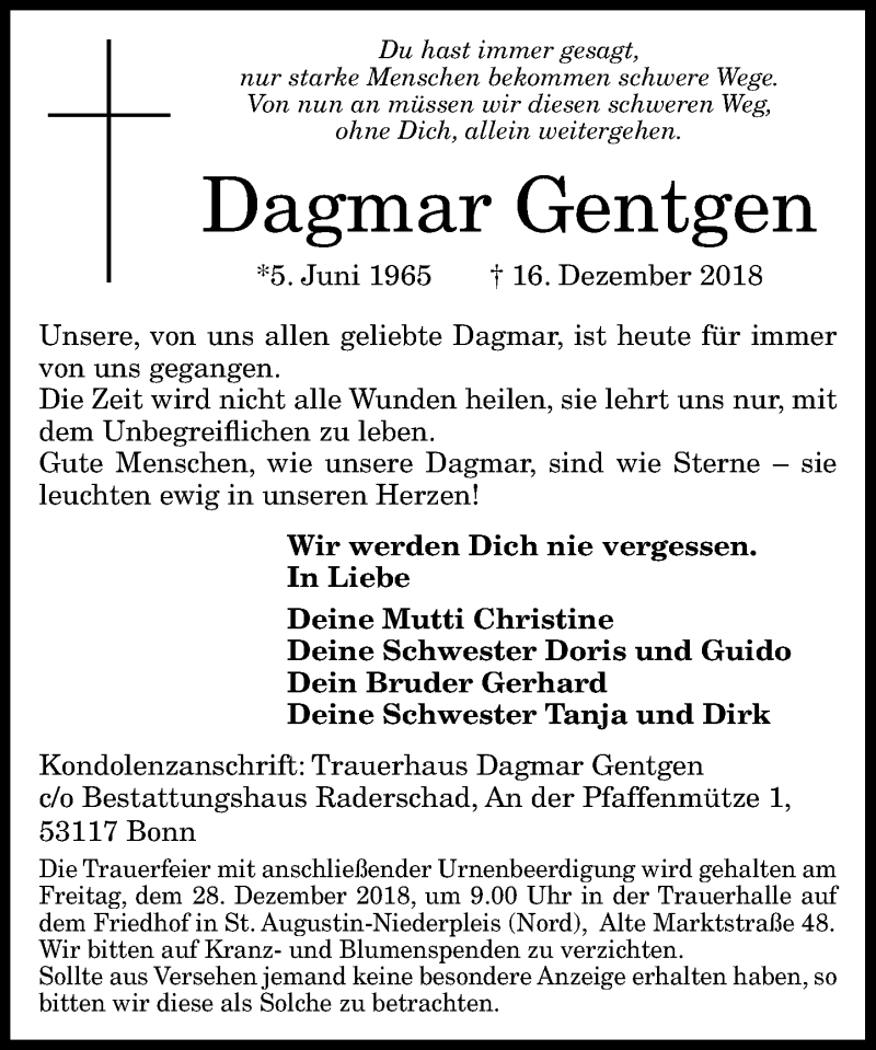  Traueranzeige für Dagmar Gentgen vom 22.12.2018 aus General-Anzeiger Bonn
