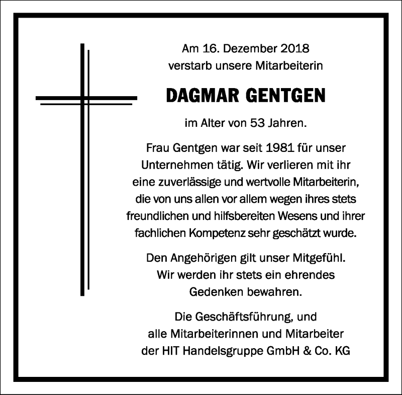  Traueranzeige für Dagmar Gentgen vom 22.12.2018 aus General-Anzeiger Bonn