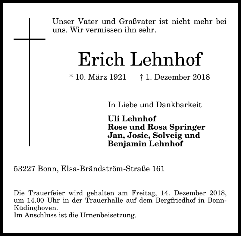  Traueranzeige für Erich Lehnhof vom 08.12.2018 aus General-Anzeiger Bonn
