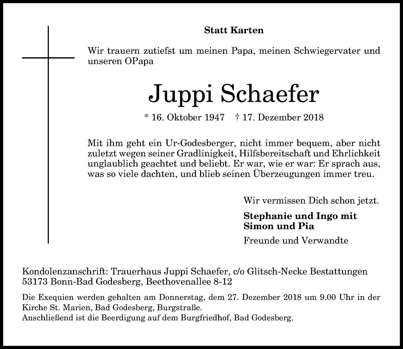  Traueranzeige für Juppi Schaefer vom 19.12.2018 aus General-Anzeiger Bonn