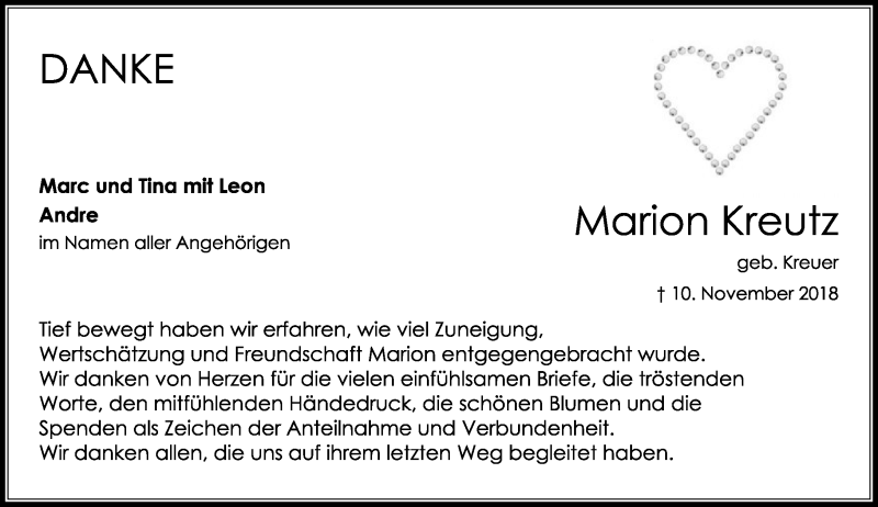  Traueranzeige für Marion Kreutz vom 08.12.2018 aus General-Anzeiger Bonn