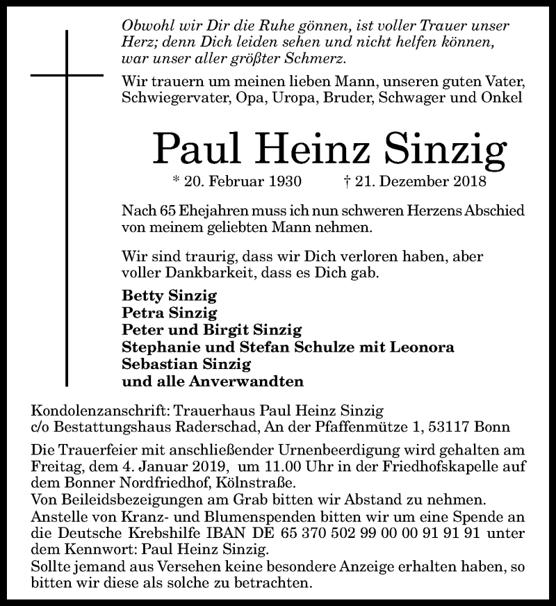  Traueranzeige für Paul Heinz Sinzig vom 29.12.2018 aus General-Anzeiger Bonn