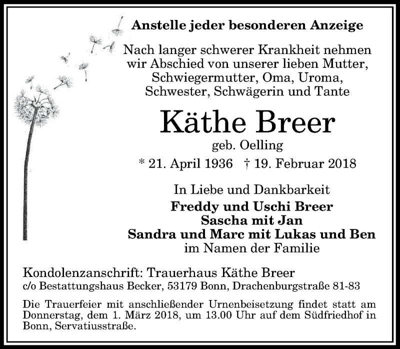  Traueranzeige für Käthe Breer vom 24.02.2018 aus General-Anzeiger Bonn