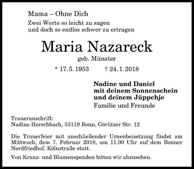  Traueranzeige für Maria Nazareck vom 03.02.2018 aus General-Anzeiger Bonn