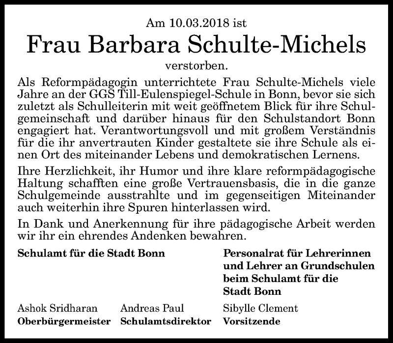  Traueranzeige für Barbara Schulte-Michels vom 17.03.2018 aus General-Anzeiger Bonn