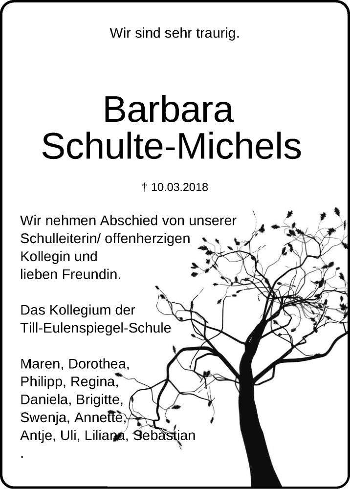  Traueranzeige für Barbara Schulte-Michels vom 17.03.2018 aus General-Anzeiger Bonn