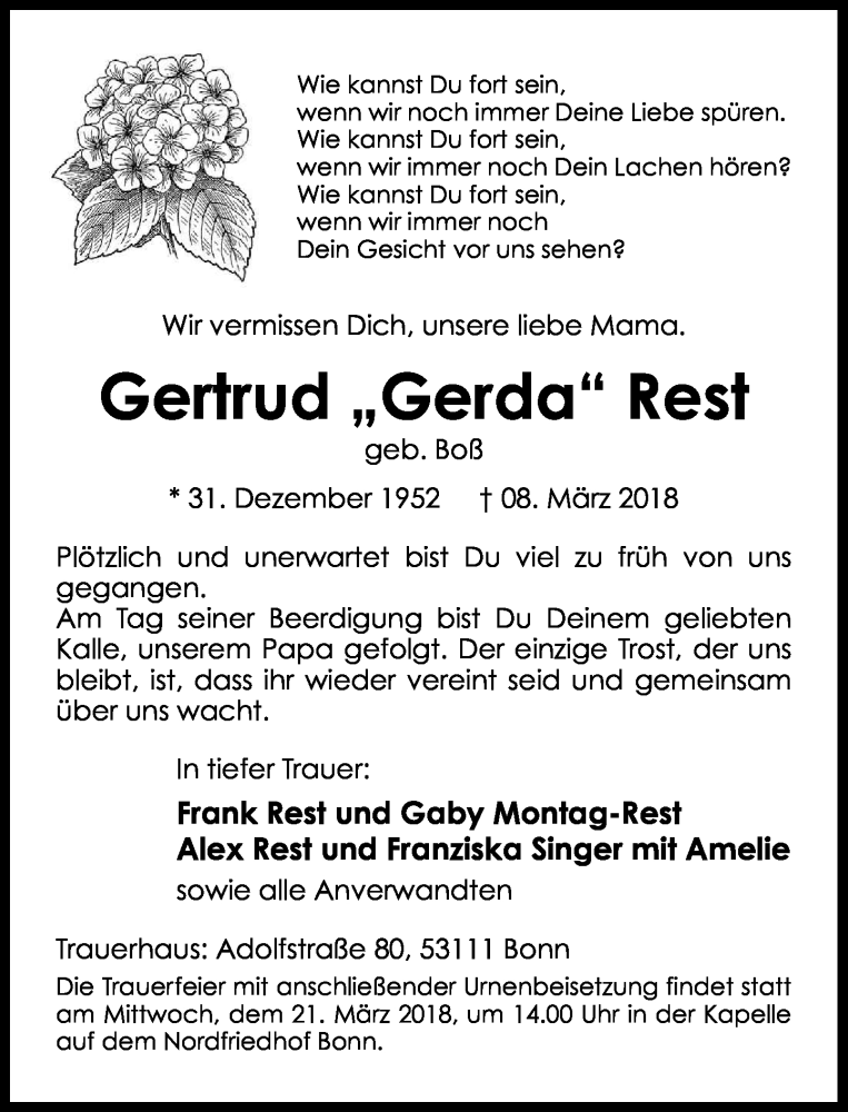  Traueranzeige für Gertrud Rest vom 17.03.2018 aus General-Anzeiger Bonn