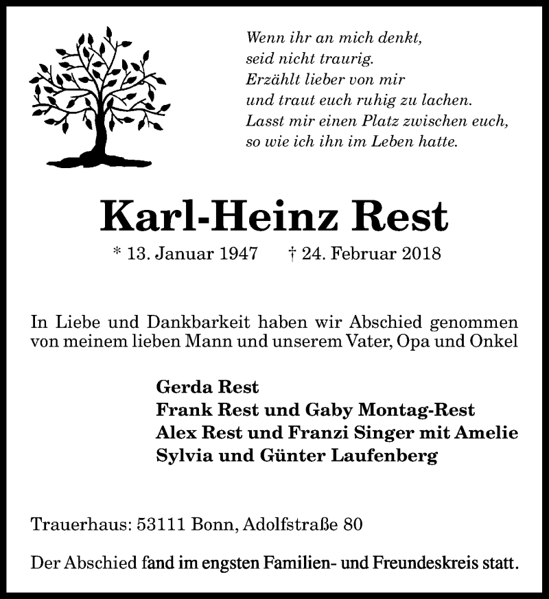  Traueranzeige für Karl-Heinz Rest vom 10.03.2018 aus General-Anzeiger Bonn