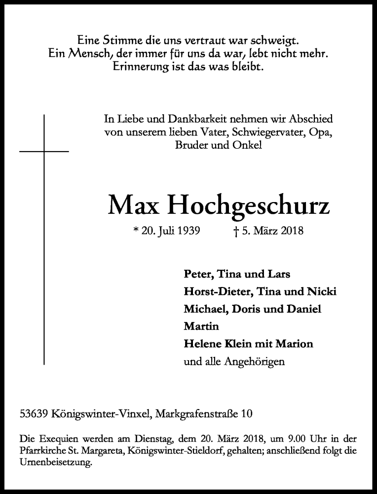  Traueranzeige für Max Hochgeschurz vom 17.03.2018 aus General-Anzeiger Bonn