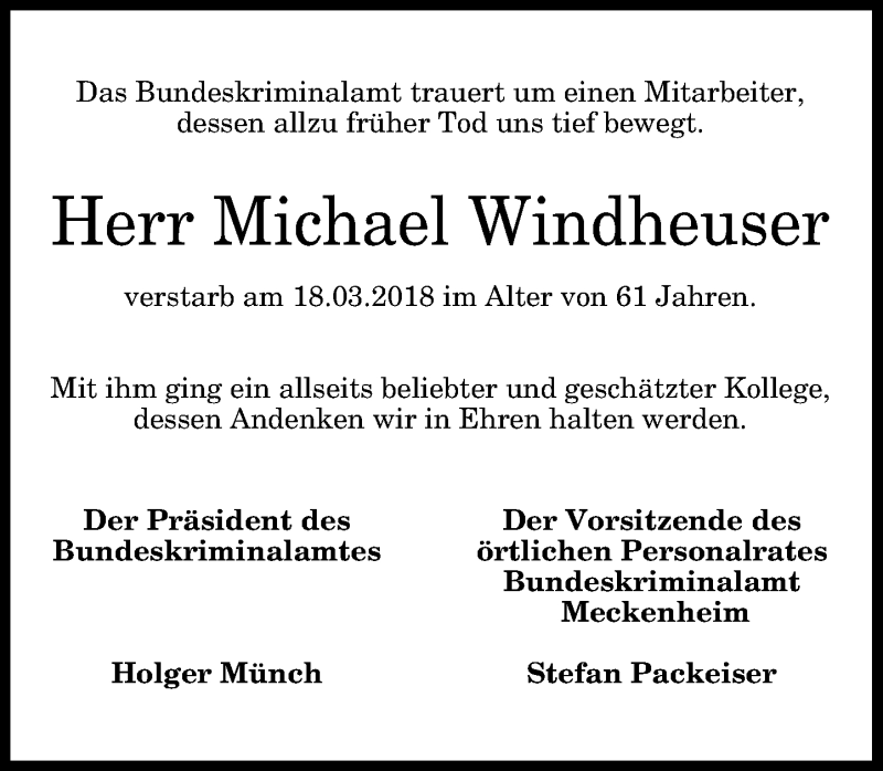  Traueranzeige für Michael Windheuser vom 24.03.2018 aus General-Anzeiger Bonn