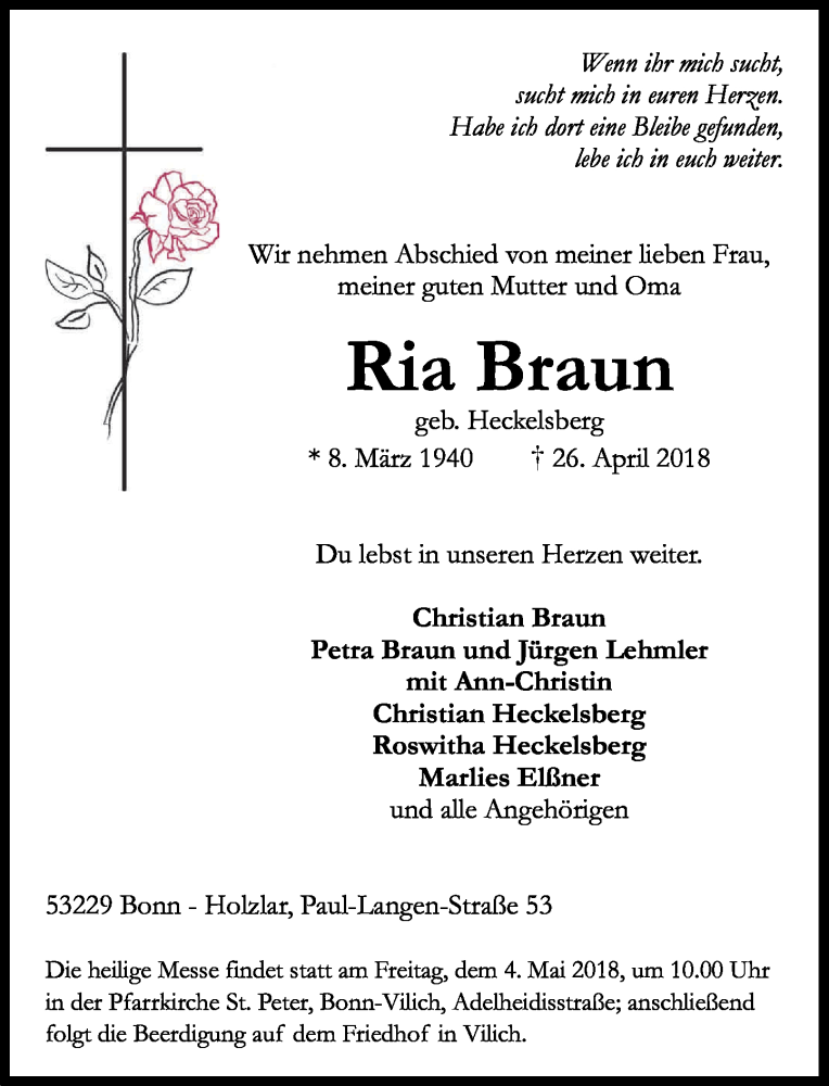  Traueranzeige für Ria Braun vom 01.05.2018 aus General-Anzeiger Bonn