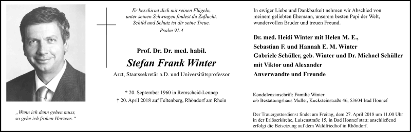  Traueranzeige für Stefan Frank Winter vom 25.04.2018 aus General-Anzeiger Bonn