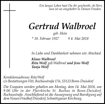 Anzeige von Gertrud Walbroel von General-Anzeiger Bonn