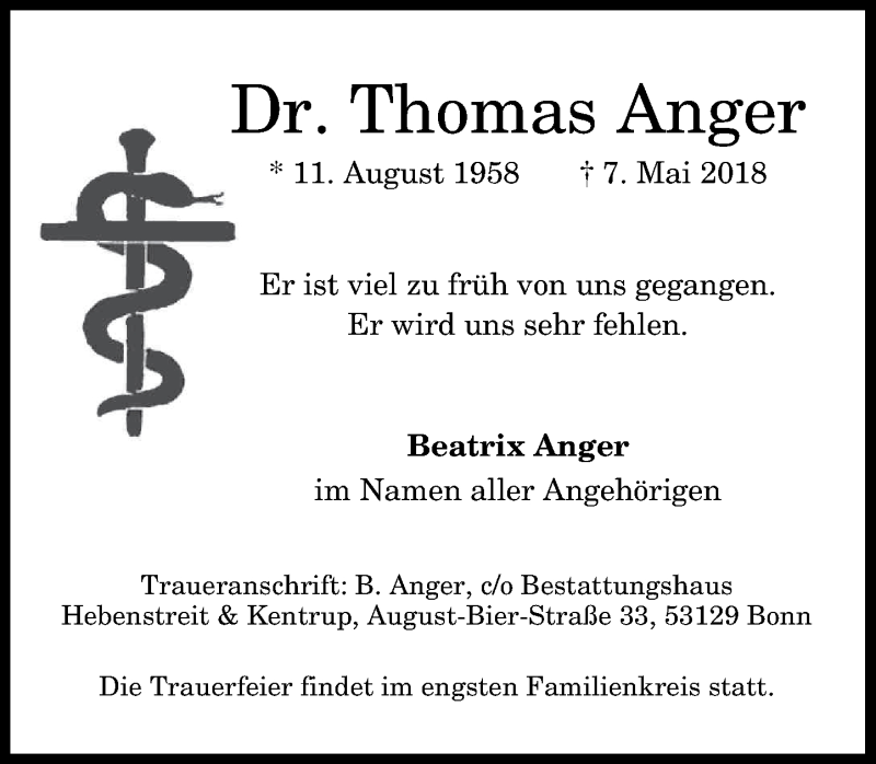  Traueranzeige für Thomas Anger vom 12.05.2018 aus General-Anzeiger Bonn