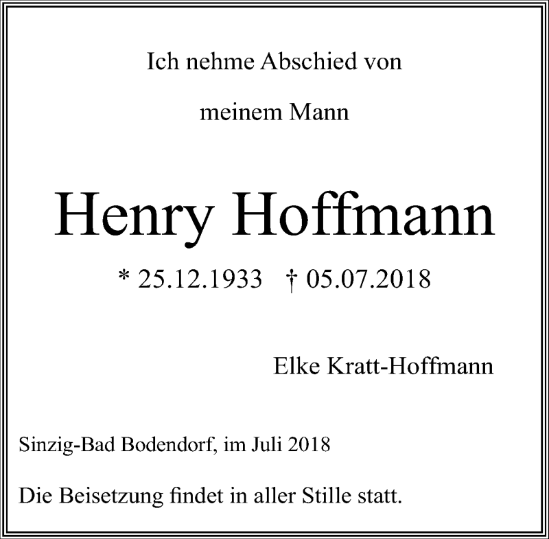  Traueranzeige für Henry Hoffmann vom 14.07.2018 aus General-Anzeiger Bonn