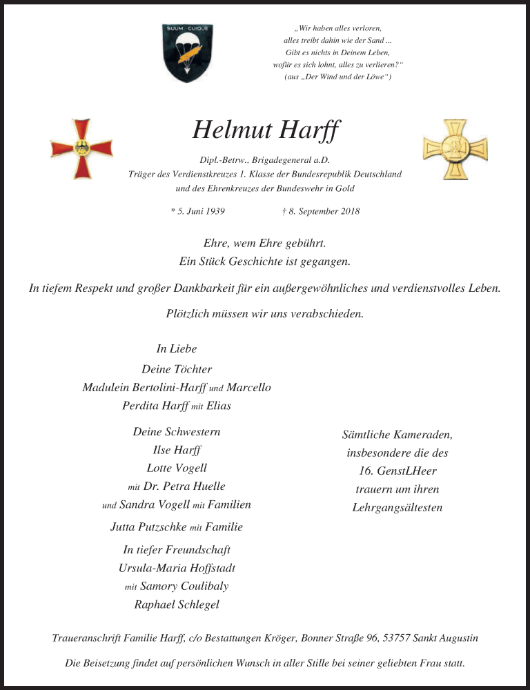  Traueranzeige für Helmut Harff vom 15.09.2018 aus General-Anzeiger Bonn