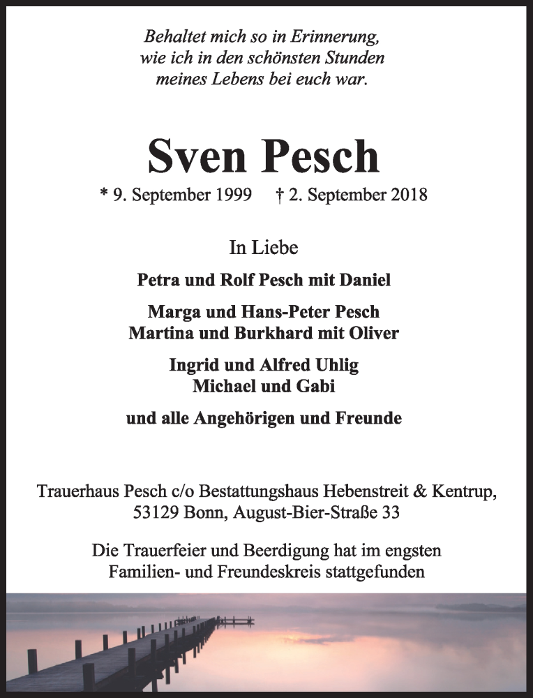  Traueranzeige für Sven Pesch vom 12.09.2018 aus General-Anzeiger Bonn