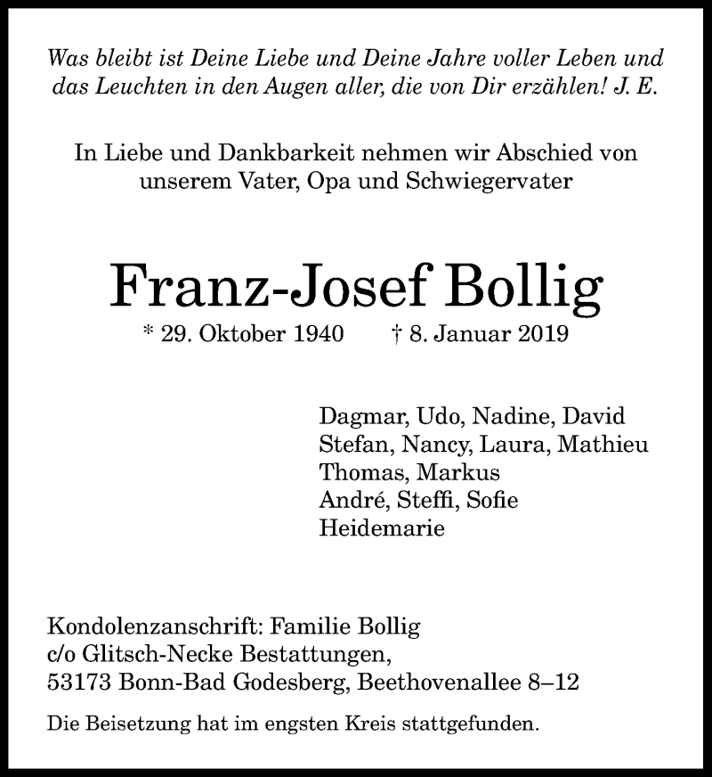  Traueranzeige für Franz-Josef Bollig vom 26.01.2019 aus General-Anzeiger Bonn