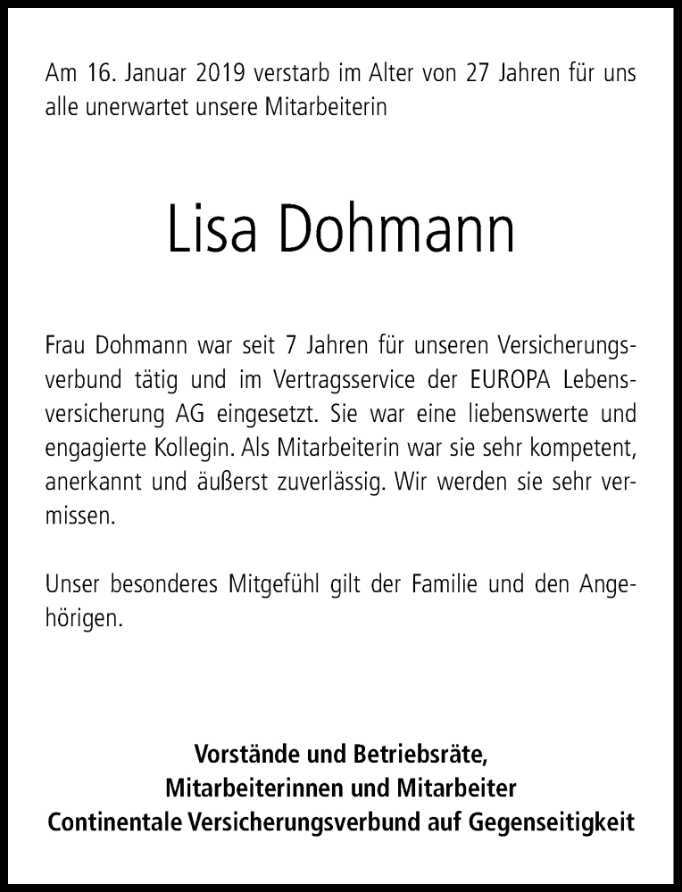  Traueranzeige für Lisa Dohmann vom 30.01.2019 aus General-Anzeiger Bonn