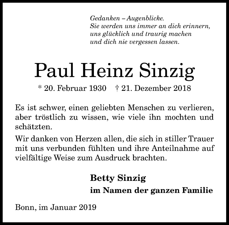  Traueranzeige für Paul Heinz Sinzig vom 19.01.2019 aus General-Anzeiger Bonn