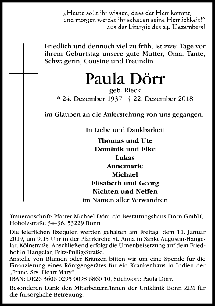  Traueranzeige für Paula Dörr vom 05.01.2019 aus General-Anzeiger Bonn