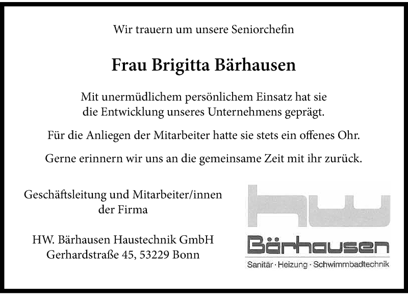  Traueranzeige für Brigitta Bärhausen vom 19.10.2019 aus General-Anzeiger Bonn
