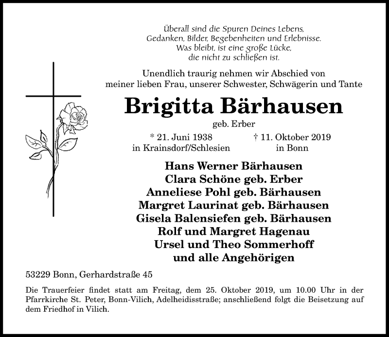  Traueranzeige für Brigitta Bärhausen vom 19.10.2019 aus General-Anzeiger Bonn