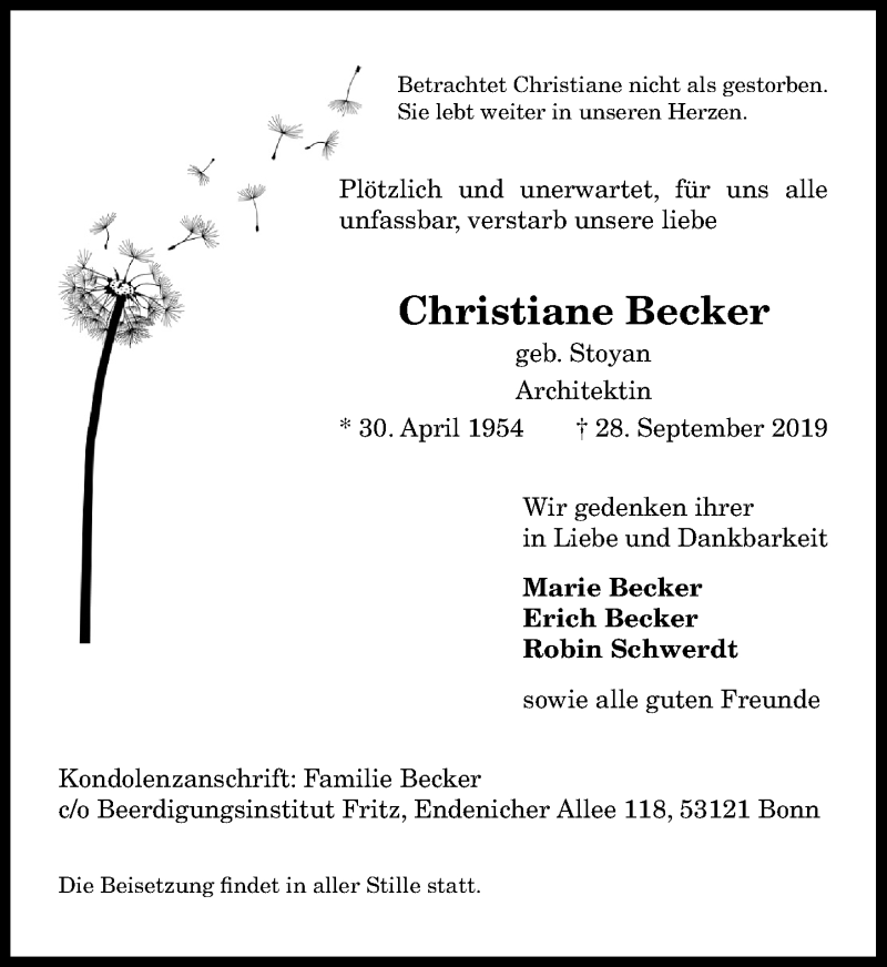  Traueranzeige für Christiane Becker vom 05.10.2019 aus General-Anzeiger Bonn