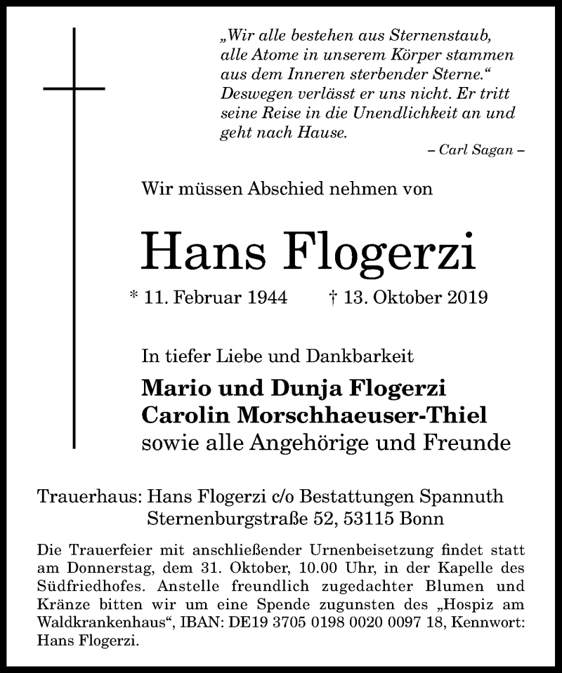  Traueranzeige für Hans Flogerzi vom 19.10.2019 aus General-Anzeiger Bonn