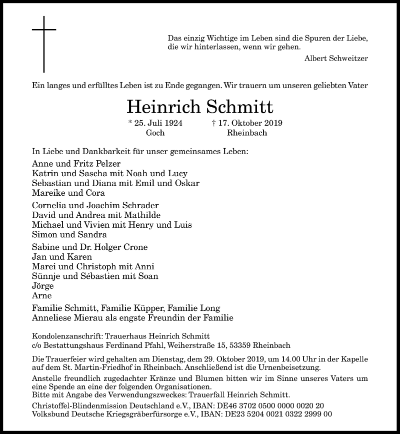  Traueranzeige für Heinrich Schmitt vom 26.10.2019 aus General-Anzeiger Bonn