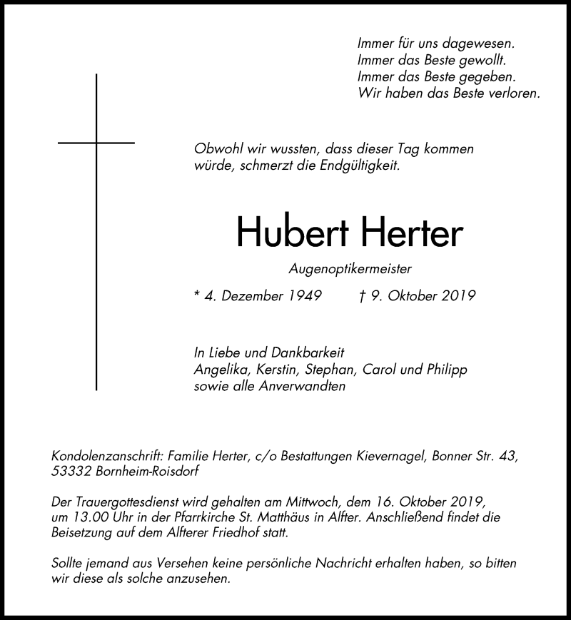  Traueranzeige für Hubert Herter vom 12.10.2019 aus General-Anzeiger Bonn