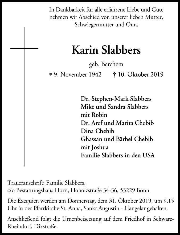  Traueranzeige für Karin Slabbers vom 19.10.2019 aus General-Anzeiger Bonn