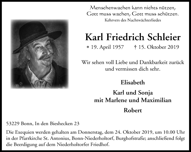  Traueranzeige für Karl Friedrich Schleier vom 19.10.2019 aus General-Anzeiger Bonn