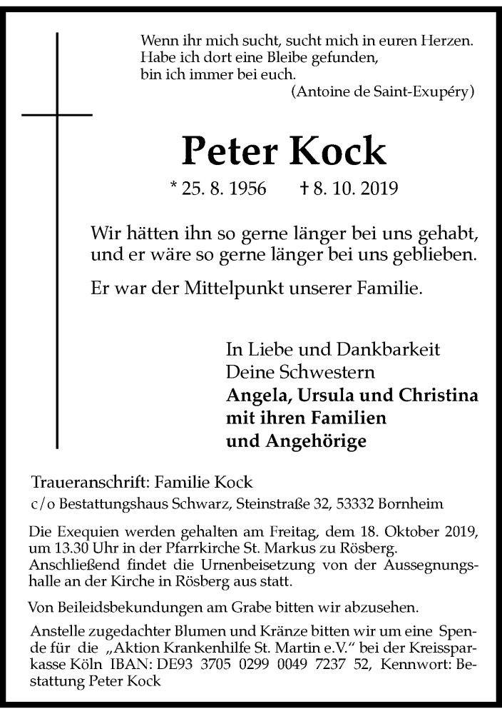  Traueranzeige für Peter Kock vom 12.10.2019 aus General-Anzeiger Bonn