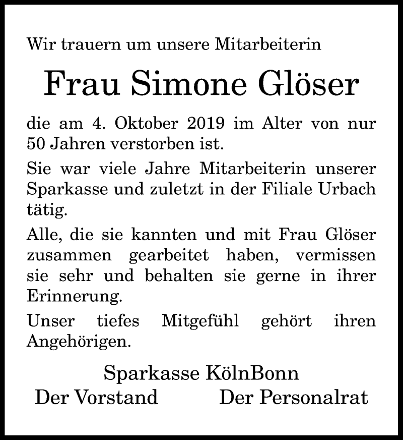  Traueranzeige für Simone Glöser vom 12.10.2019 aus General-Anzeiger Bonn