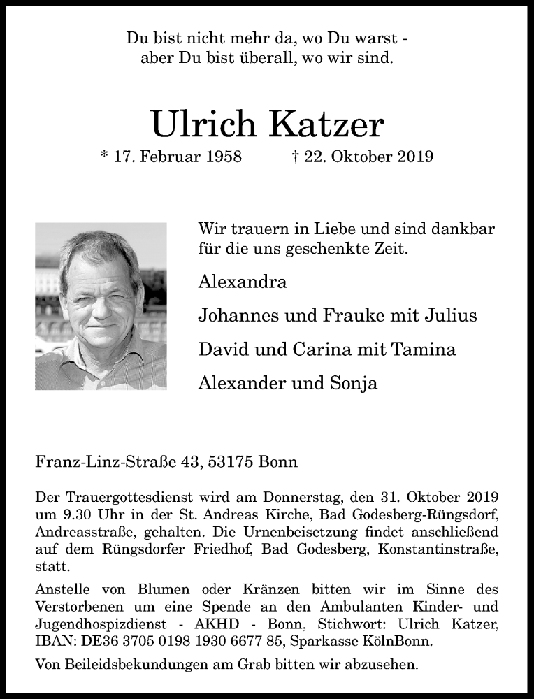  Traueranzeige für Ulrich Katzer vom 26.10.2019 aus General-Anzeiger Bonn
