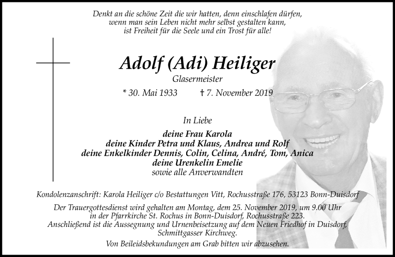  Traueranzeige für Adolf Heiliger vom 16.11.2019 aus General-Anzeiger Bonn