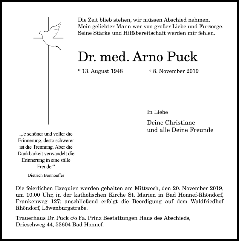  Traueranzeige für Arno Puck vom 16.11.2019 aus General-Anzeiger Bonn